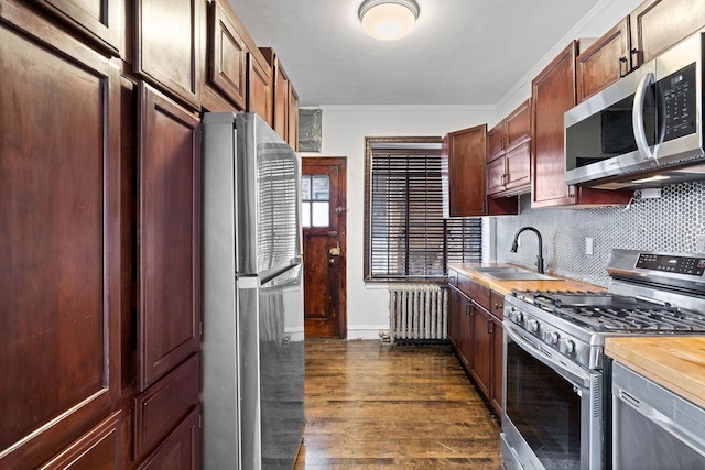 kitchen with radiator, sink, butcher block counters, stainless steel appliances, and ornamental molding