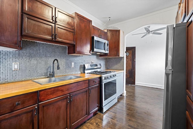 kitchen featuring sink, ceiling fan, stainless steel appliances, tasteful backsplash, and ornamental molding