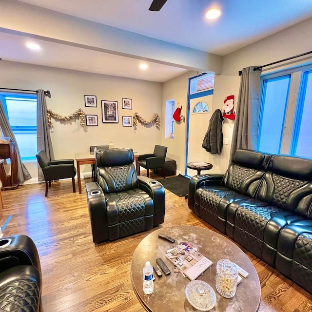 living room featuring wood-type flooring and ceiling fan