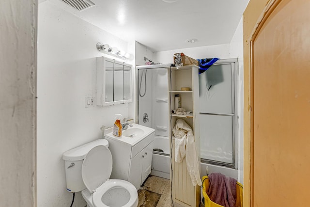 full bathroom with toilet, shower / bath combination with glass door, and vanity