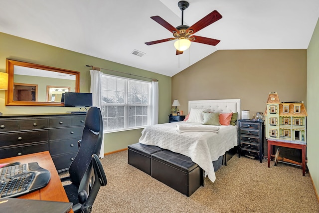 bedroom featuring vaulted ceiling, carpet flooring, and ceiling fan