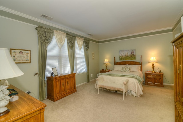 carpeted bedroom featuring crown molding