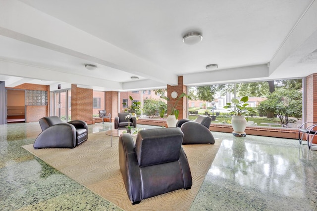 living room with beam ceiling