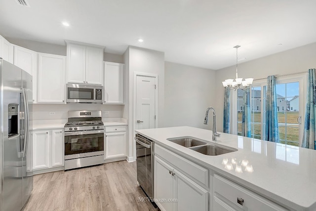 kitchen with sink, hanging light fixtures, appliances with stainless steel finishes, light hardwood / wood-style floors, and white cabinets