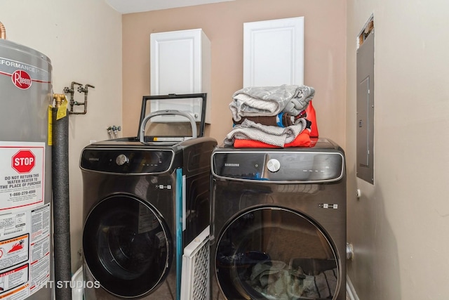 laundry room with gas water heater and washing machine and dryer