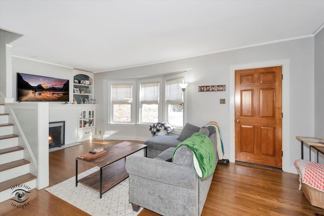 living room with crown molding and wood-type flooring