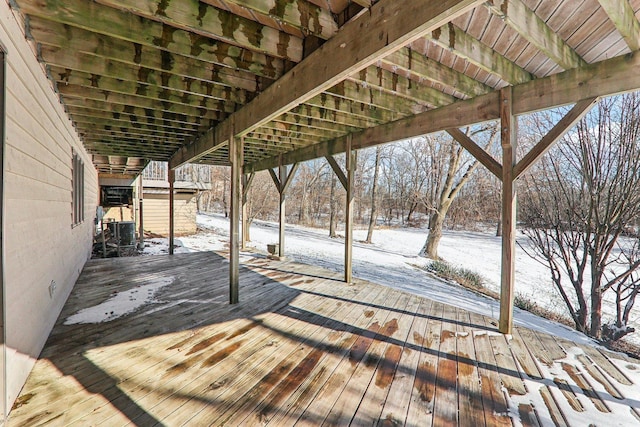 snow covered deck featuring central air condition unit