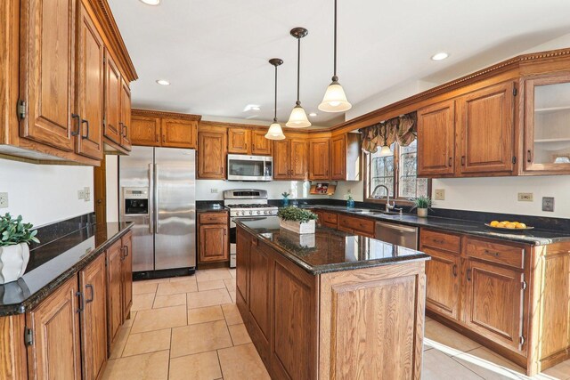 kitchen featuring a kitchen island, sink, beverage cooler, light tile patterned floors, and stainless steel appliances