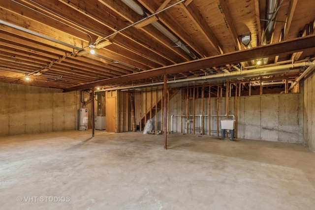 basement with sink and water heater