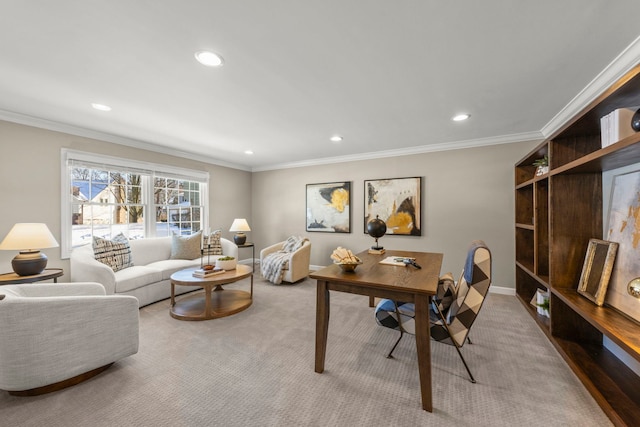 carpeted office with crown molding