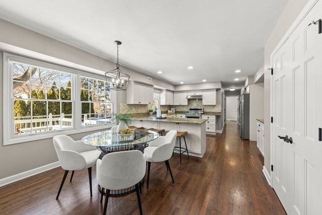 dining room featuring an inviting chandelier, a wealth of natural light, and dark hardwood / wood-style floors