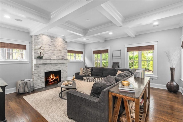1210 Blackthorn Ln, Deerfield, IL 60015 - living room with a fireplace, beam ceiling, wood finished floors, crown molding, and recessed lighting