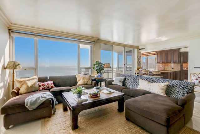 tiled living room featuring ornamental molding and a water view