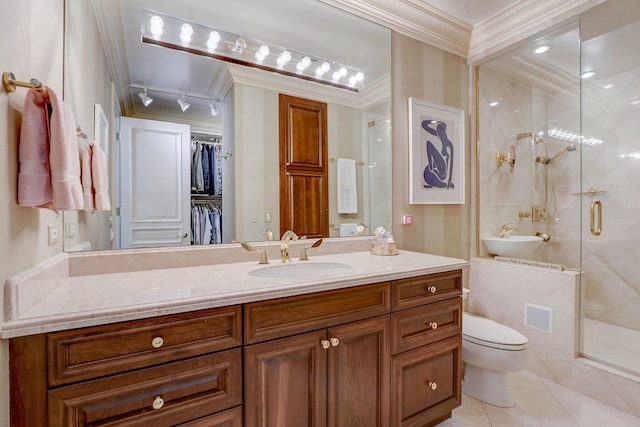 bathroom with walk in shower, toilet, ornamental molding, vanity, and tile patterned flooring