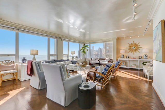 living room with dark parquet floors