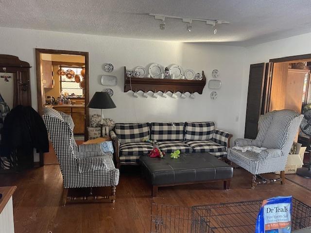 living room featuring hardwood / wood-style flooring and a textured ceiling