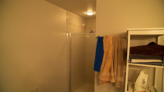 bathroom with a shower with door