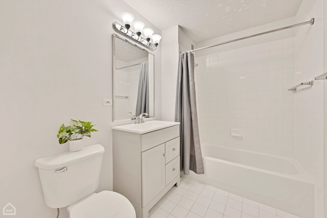 full bathroom with shower / bathtub combination with curtain, tile patterned flooring, vanity, a textured ceiling, and toilet