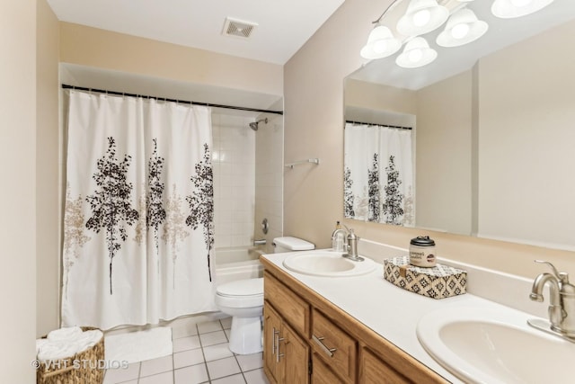 full bathroom with tile patterned flooring, vanity, shower / tub combo with curtain, and toilet