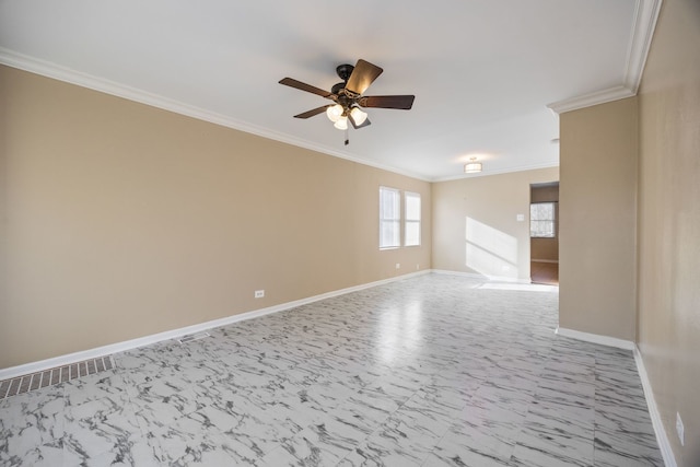 unfurnished room with ornamental molding and ceiling fan