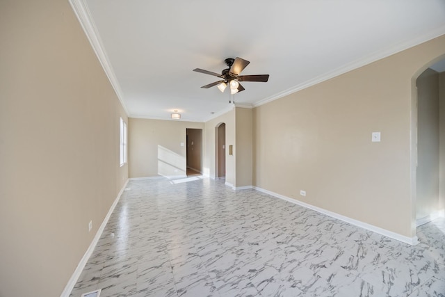 unfurnished room featuring crown molding and ceiling fan