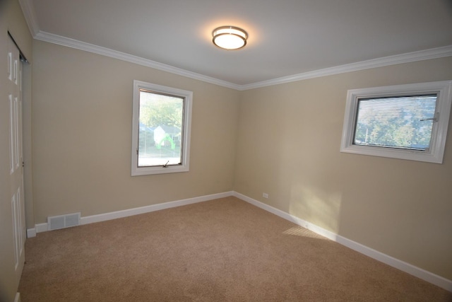 unfurnished room with crown molding and light colored carpet