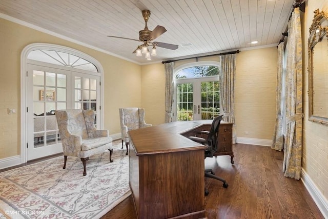 office area featuring crown molding, ceiling fan, wood-type flooring, wooden ceiling, and french doors