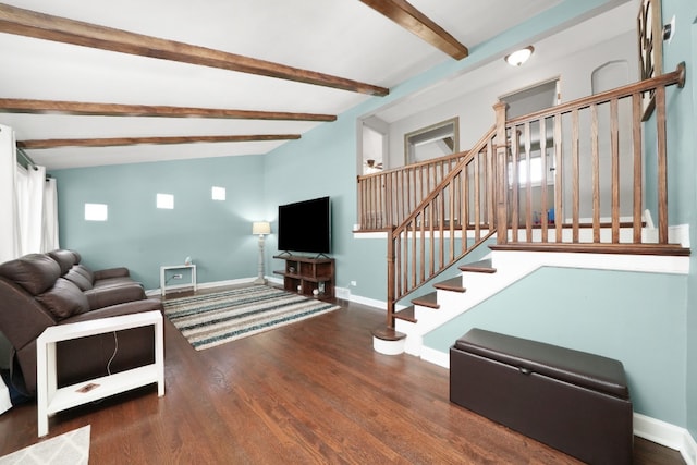 living room featuring dark wood-type flooring and lofted ceiling with beams