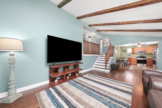 living room with dark hardwood / wood-style flooring, vaulted ceiling with beams, and ceiling fan