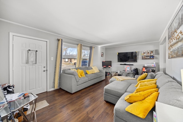 living room featuring ornamental molding and dark hardwood / wood-style flooring