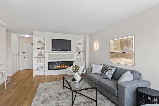 living room with hardwood / wood-style flooring and built in features