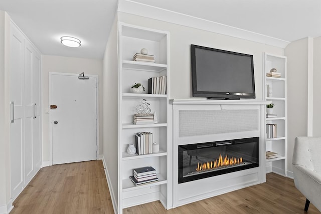 interior space featuring light hardwood / wood-style flooring and built in shelves