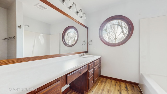 bathroom featuring hardwood / wood-style flooring, vanity, and a healthy amount of sunlight