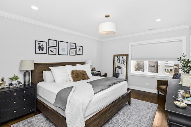 bedroom featuring baseboards, ornamental molding, dark wood-type flooring, and recessed lighting