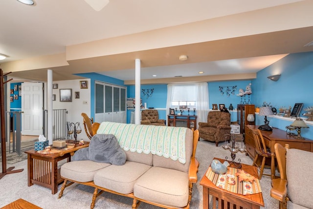 living room featuring light colored carpet