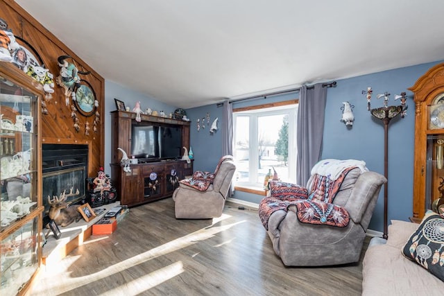 living room featuring hardwood / wood-style flooring and lofted ceiling