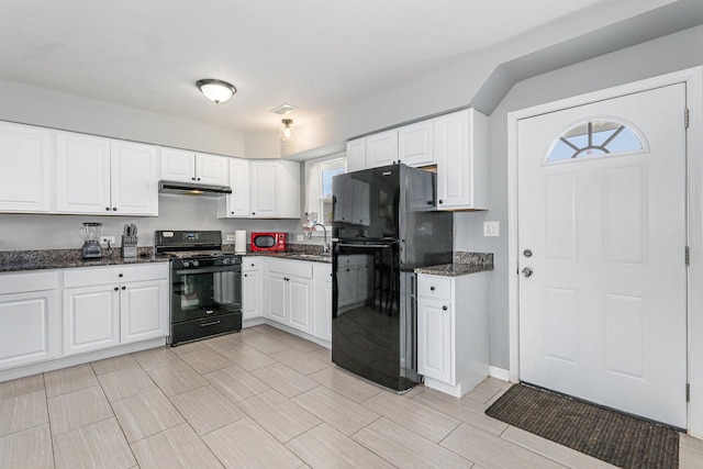 kitchen with sink, white cabinets, and black appliances