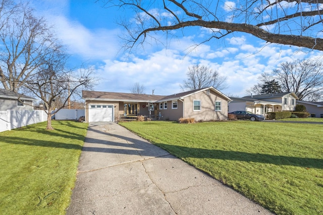 single story home with a garage and a front yard