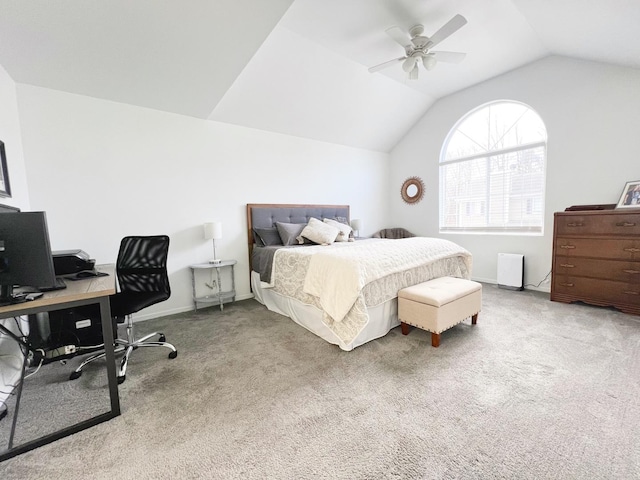 bedroom featuring lofted ceiling, carpet, and ceiling fan