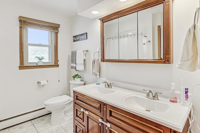 bathroom with toilet, baseboard heating, vanity, a shower with shower curtain, and tile patterned flooring