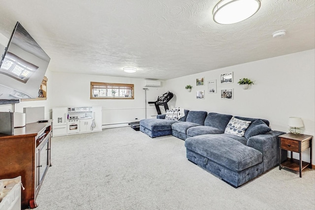 carpeted living room featuring a wall mounted air conditioner, a textured ceiling, and baseboard heating