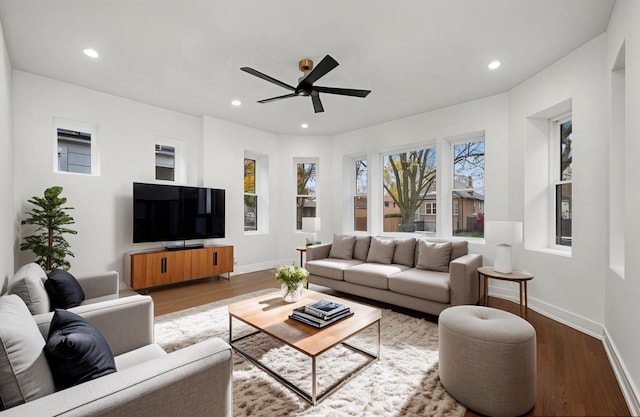 living room with hardwood / wood-style floors and ceiling fan