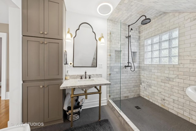 bathroom featuring an enclosed shower and lofted ceiling