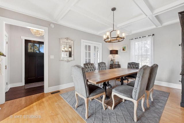 dining area with an inviting chandelier, coffered ceiling, french doors, and hardwood / wood-style flooring