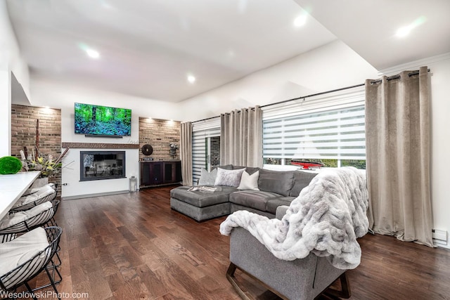 living room with dark hardwood / wood-style flooring