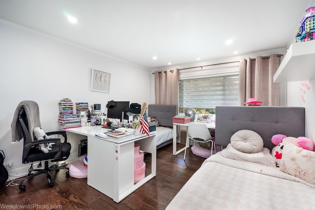 office space featuring ornamental molding and dark hardwood / wood-style floors