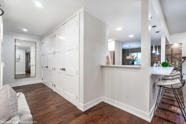 corridor with crown molding and dark wood-type flooring