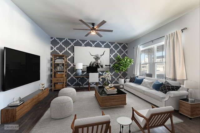 living room with hardwood / wood-style flooring and ceiling fan