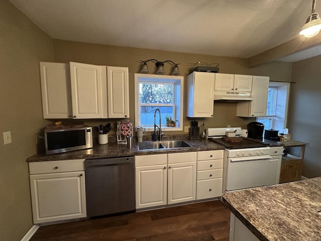 kitchen featuring dishwashing machine, under cabinet range hood, stove, a sink, and stainless steel microwave