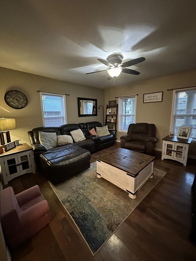 living room featuring ceiling fan and wood finished floors